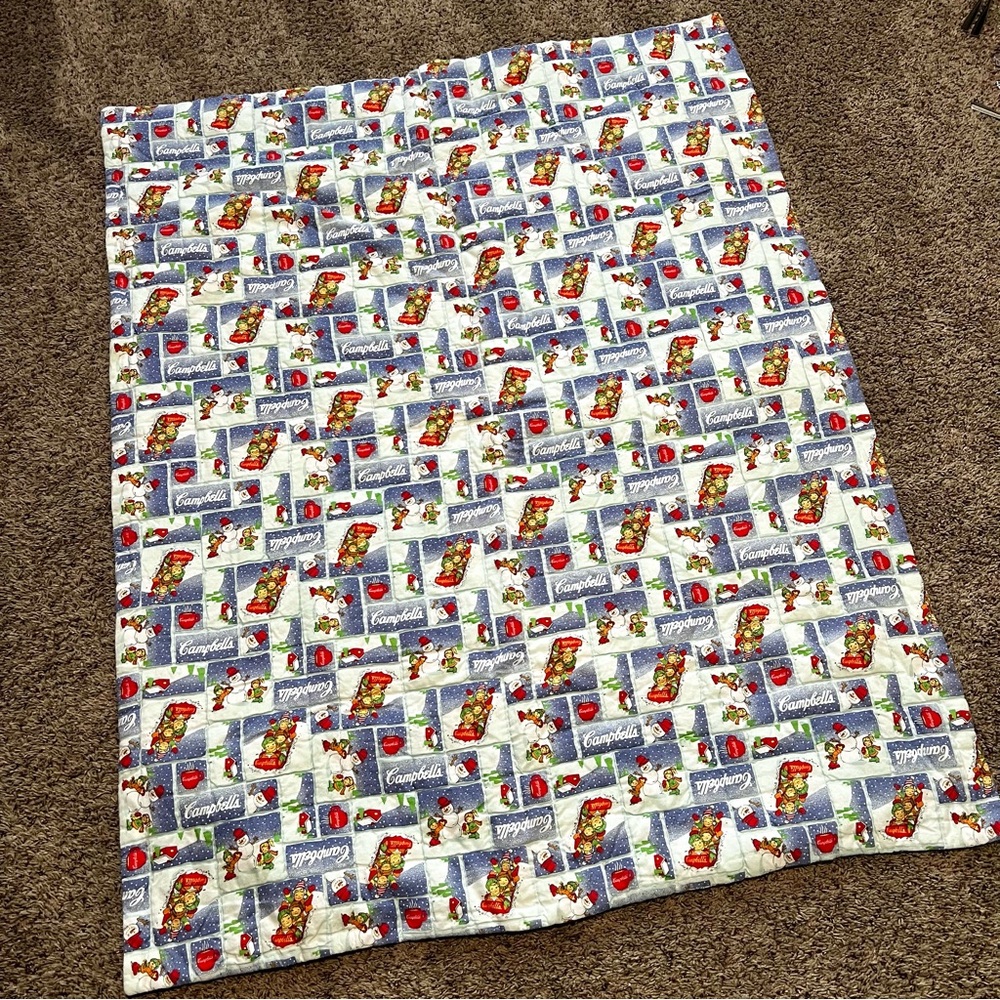 Vintage Campbells Soup Handmade Baby Quilt in Blue White Red 49" x 39" Crib